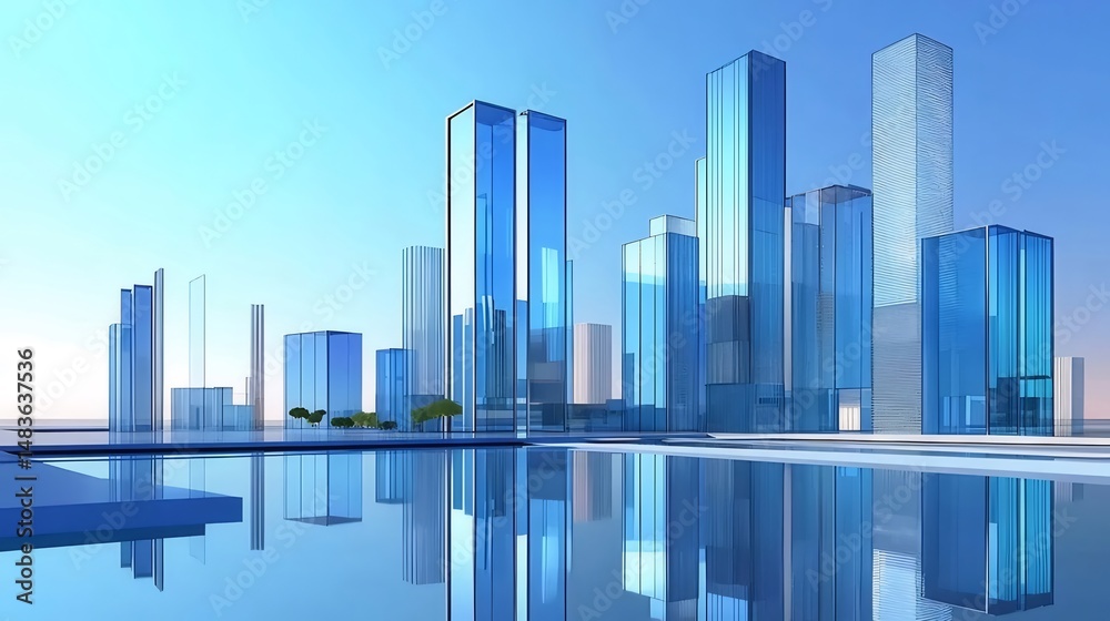 Poster 澄んだ青い空の下の水の反射と現代的な青いガラスの摩天楼群の都市景観のパノラマ