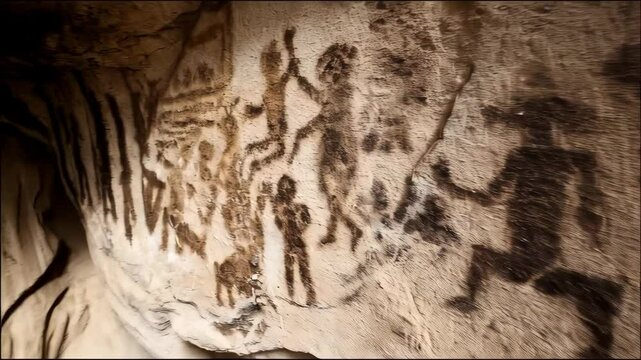 Ancient cave painting depicting human figures and an animal, showcasing primitive artistic expression on a rock wall in a cavern.