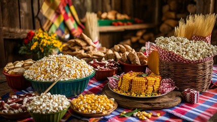 Fototapeta premium A rustic wooden table at a Festa Junina celebration, filled with classic foods like corn cake, paçoca, canjica, and cocada, with colorful flags and straw hats behind.