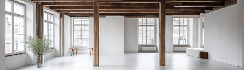 Fototapeta premium Modern Loft Interior Design: An expansive modern loft interior, boasting a minimalist design with wooden beams and natural light from large windows, creating a spacious and inviting atmosphere.