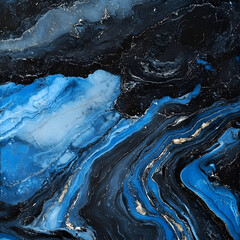 Fluid Harmony: An abstract composition showcases the mesmerizing interplay of dark and blue hues, swirling together in a fluid, dynamic display of texture and depth.