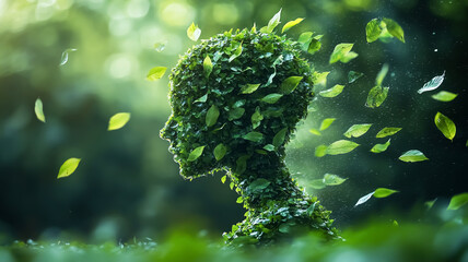 Surreal digital art of an ethereal woman formed by green leaves. Concept of connection with nature
