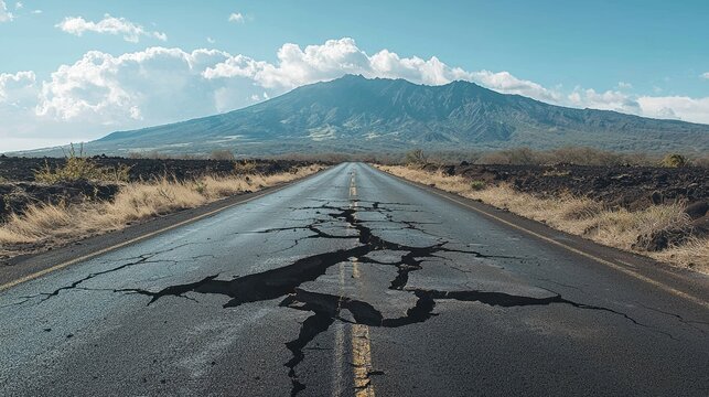 Vast cracked roadway stretches toward a volcanic mountain range.