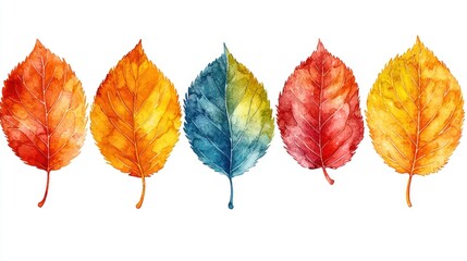 Obraz premium Five autumn leaves in vibrant colors; orange, red, yellow, and blue-green hues, watercolor painted, arranged horizontally