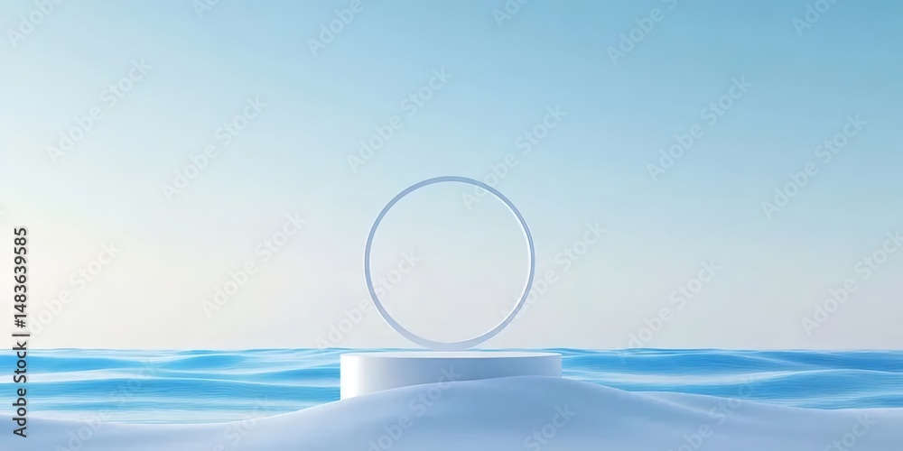 Poster 白い円形の装飾が施された水色の海とパステルブルーの背景を持つミニマリストのステージと展示台