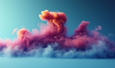 Abstract vibrant pink and orange smoke cloud formation against a teal backdrop, creating a surreal and dreamy atmosphere