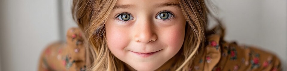 Closeup Portrait of a Smiling Young Girl with Light Brown Hair and Green Eyes Looking Directly into the Camera