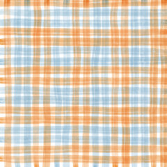 Blue Orange Plaid Gingham Check Hand Drawn Background Pattern Overlay
