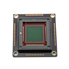 Close up of a cmos camera sensor chip mounted on a printed circuit board, isolated on a transparent background, showcasing the intricate details of modern imaging technology