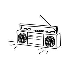 Hand-drawn boombox icon for 80s music day or retro pop design. Iconic 80s-style boombox in doodle style. Great for hip-hop, street music, or nostalgic illustrations.
