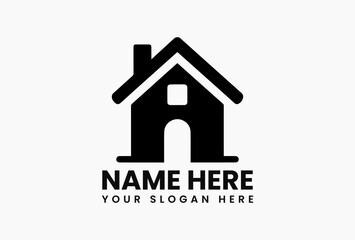 Detailed black and white vector logo illustration of a house facade with multiple windows and architectural details on a clean white background. Architecture concept