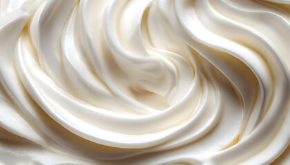Close-up of white natural creamy vanilla yogurt. Top view. White texture of whipped cream, buttercream, and cosmetic cream. Close-up of vanilla yogurt.