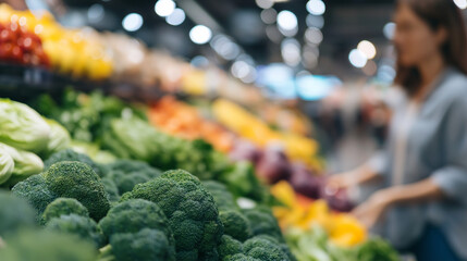 A woman stocking fresh produce in a bright grocery store