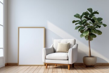 Cozy living room setup featuring armchair and indoor plant minimalist home decor natural light modern style