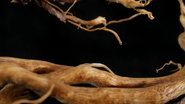 Detailed shot of plant roots with nodules on dark background, showing root texture and the symbiotic relationship with nitrogen fixing bacteria.