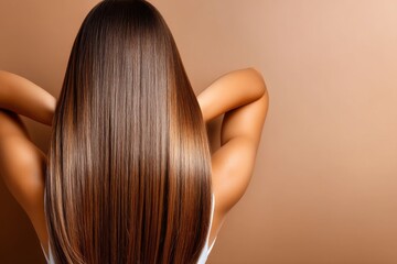 Back view of Woman with Straight, Brown, Glossy Hair, hands behind the head, skincare and haircare concepts
