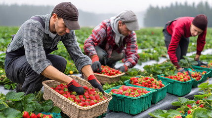 Workers Harvesting Fresh Strawberries on a Farm Field