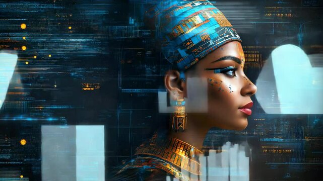 An image of a woman with a headpiece in front of a futuristic city