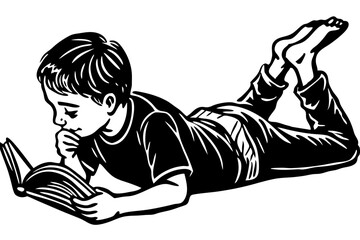 Silhouette of a child reading a book lying on stomach side view, silhouette, child, reading, book, lying, stomach, education, learning, side view, angle, vector, illustration, design, transparent