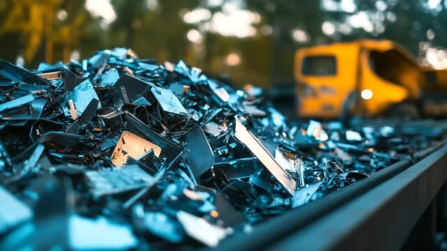 A close-up of scrap metal pieces, including old car parts and machinery, being carefully processed on a conveyor belt in a modern industrial recycling plant.