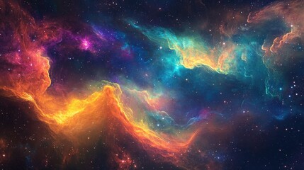 Obraz premium Vivid nebula in deep space with swirling patterns of orange, pink, blue, and purple, scattered stars across dark cosmic background. Generative by AI