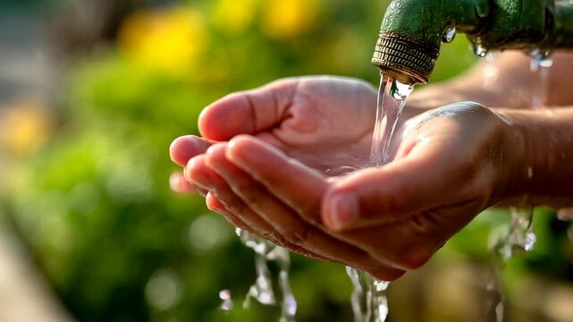 Close up of woman collecting drinking water in her cupped hands from a vintage outdoor faucet