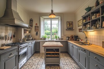 Chic Renovated Kitchen with Gray Cabinets, Marble Surfaces, and Tiled Flooring in a Cozy Home Setting
