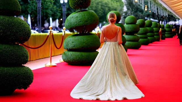 Blonde caucasian woman in glamorous backless gown walking alone on red carpet bordered by ornate greenery and velvet ropes