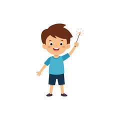 boy with tiny sparkler in hand on transparent background