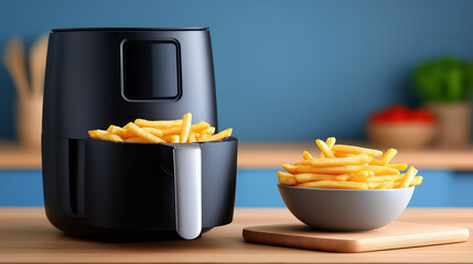 A sleek black air fryer sits on a modern kitchen countertop, perfectly crisping golden fries. Captured in a vibrant, eye-catching close-up, this image showcases the convenience of air frying