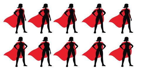 Silhouette of female superhero posing confidently in red cape on transparent background