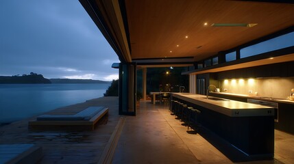 Waterfront property with a kitchen captured in twilight atmosphere, showing modern architecture, detailed textures, and clean surroundings.