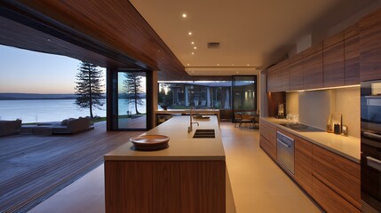 Waterfront property with a kitchen captured in twilight atmosphere, showing modern architecture, detailed textures, and clean surroundings.
