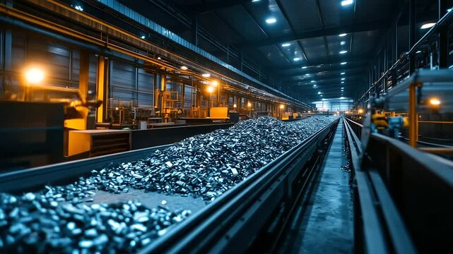 A bustling industrial facility with a long conveyor belt carrying piles of scrap metal, surrounded by large machines and overhead lighting, highlighting the process of recycling an