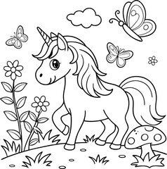 cute coloring page with unicorn and spring garden flowers. you can print it on 8.5x11 inch paper © Sabbir Rahman Sadid