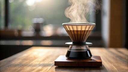 Minimalist Coffee Shop with Wooden Furniture and Soft Lighting Concept, Brewing coffee with steam rising in a minimalist kitchen setting.