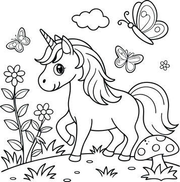 cute coloring page with unicorn and spring garden flowers. you can print it on 8.5x11 inch paper
