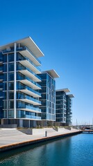 Waterfront property with a kitchen captured in clear blue sky, showing modern architecture, detailed textures, and clean surroundings.