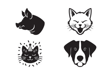 Animal Face Vector Set Cute Cat, Dog, Pig Silhouette Icons for Pets and Party Designs