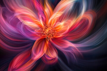 Abstract floral design with geometric center in shades of pink orange and purple hues on dark background
