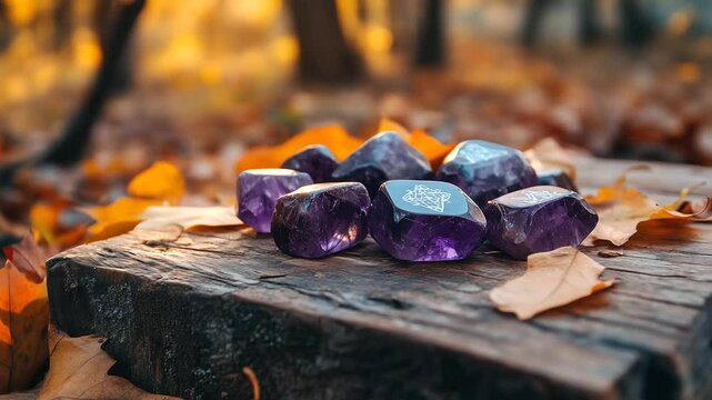 A close-up of deep purple amethyst rune stones resting on an aged wooden slab, surrounded by vibrant autumn leaves, symbolizing spiritual insight and ancient knowledge.