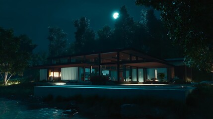 Waterfront property with a kitchen captured in moonlit night, showing modern architecture, detailed textures, and clean surroundings.