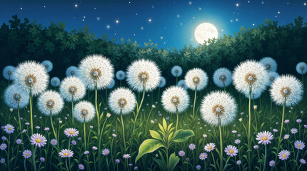 Fototapeta premium dandelions in the meadow in the moonlight