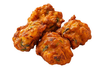 Crispy golden vegetable Indian fritters Pakoras with herbs, isolated on white transparent background, concept of traditional snack