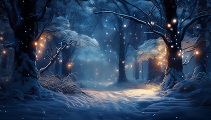 Fototapeta premium dark forest with snow covered tree branches and twinkling lights snow woods shadows