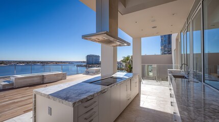 Waterfront property with a kitchen captured in clear blue sky, showing modern architecture, detailed textures, and clean surroundings.