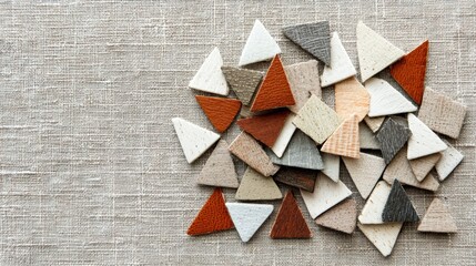A pile of wooden triangles in various colors and patterns.
