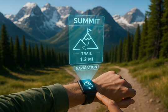 Smartwatch Navigation in the Mountains, Smartwatch with Hovering Hologram Concept