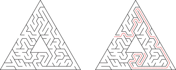 Fototapeta premium Triangular Maze Puzzle Solution Shown, Paths, Entry, Exit, Lines, Geometry, Challenge, Complex, Logi