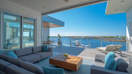 Waterfront property with a living room captured in clear blue sky, showing modern architecture, detailed textures, and clean surroundings.